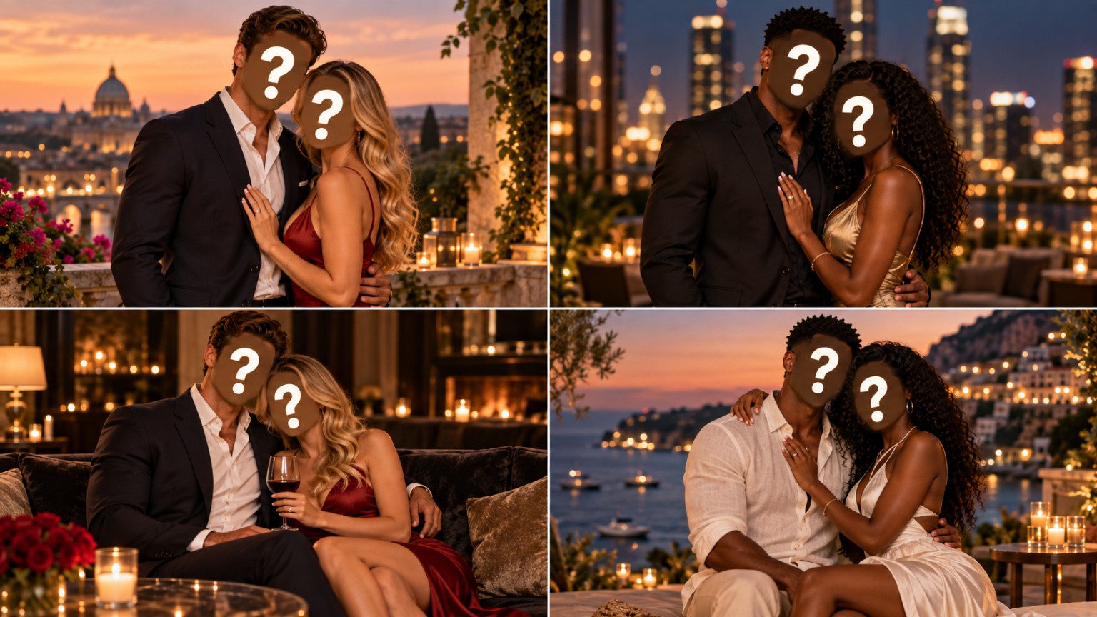 Strangers in Focus mystery-match couple collage with question-mark faces
